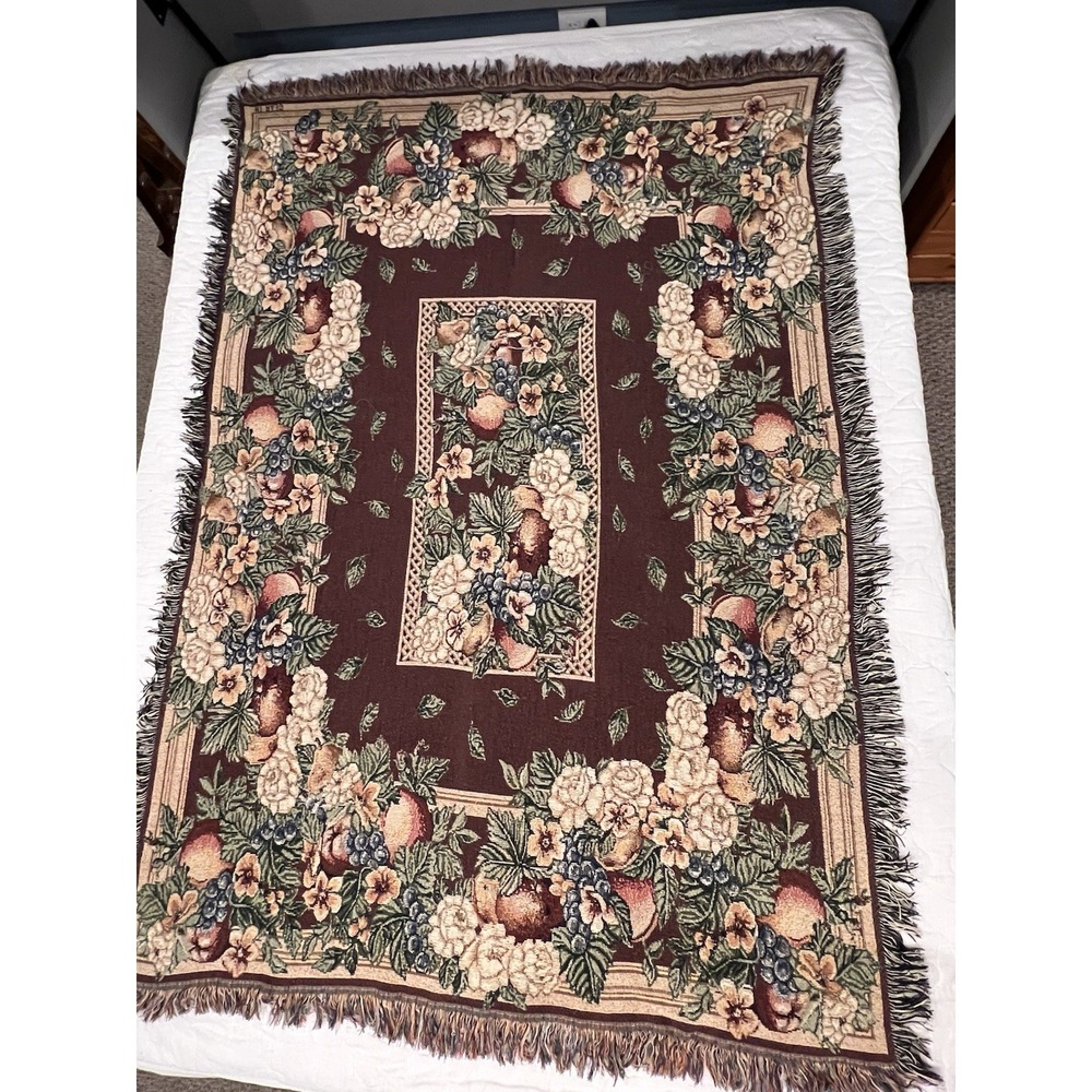 Tapestry Throw Blanket Floral & Fruit 50x70 Maroon Green Cream